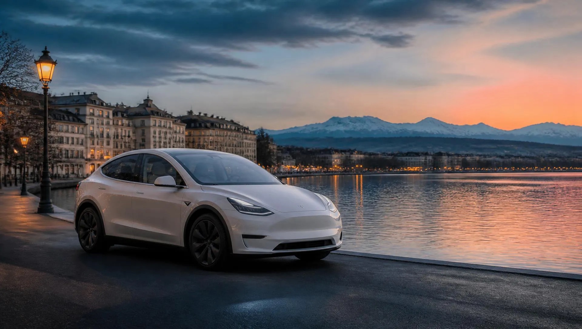 Weisser Tesla Model Y an einer Schweizer Seepromenade im Abendlicht, Berge und Stadtufer dahinter
