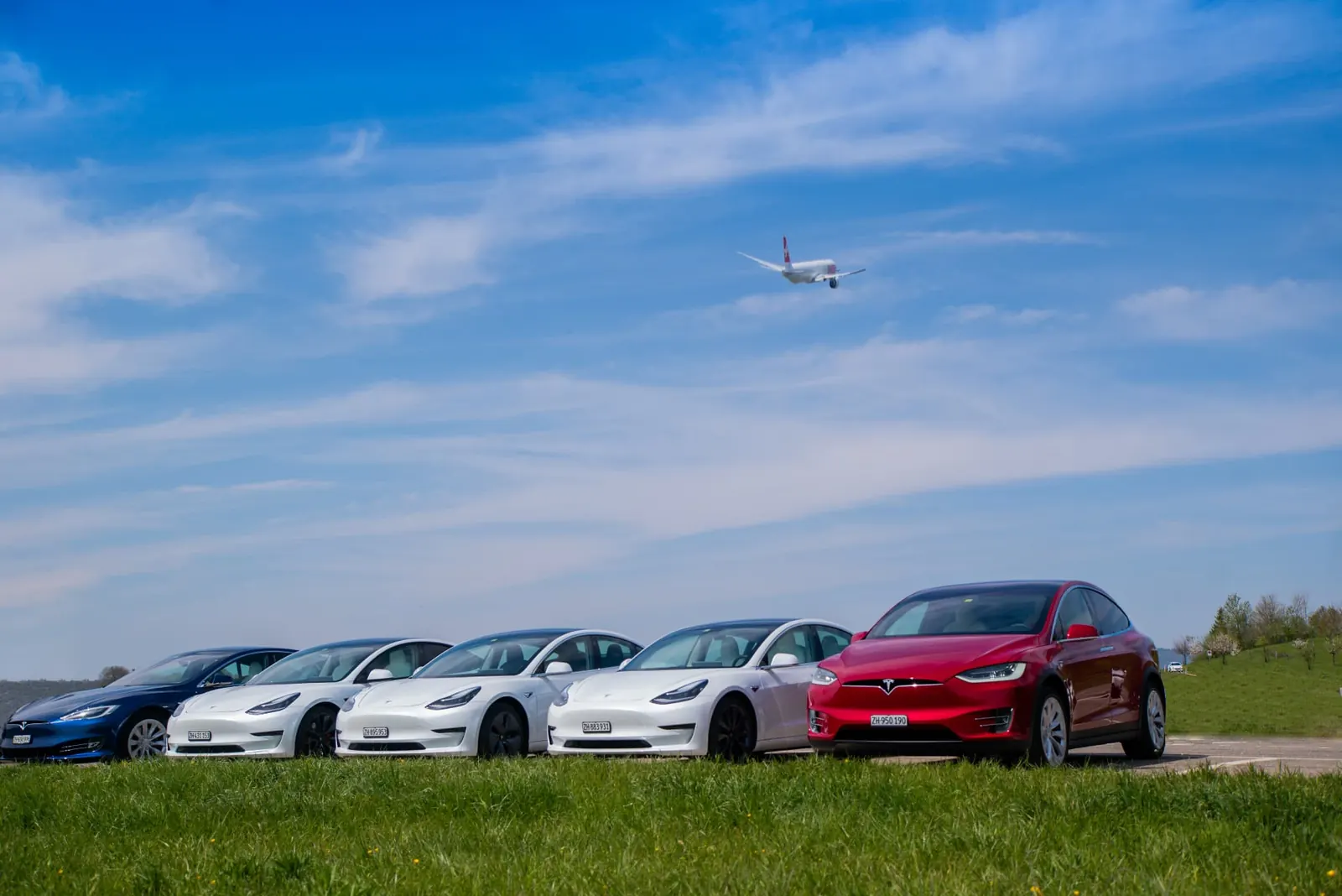 Fünf Teslas von teslify in einer Reihe auf einer Wiese, darüber ein startendes Flugzeug
