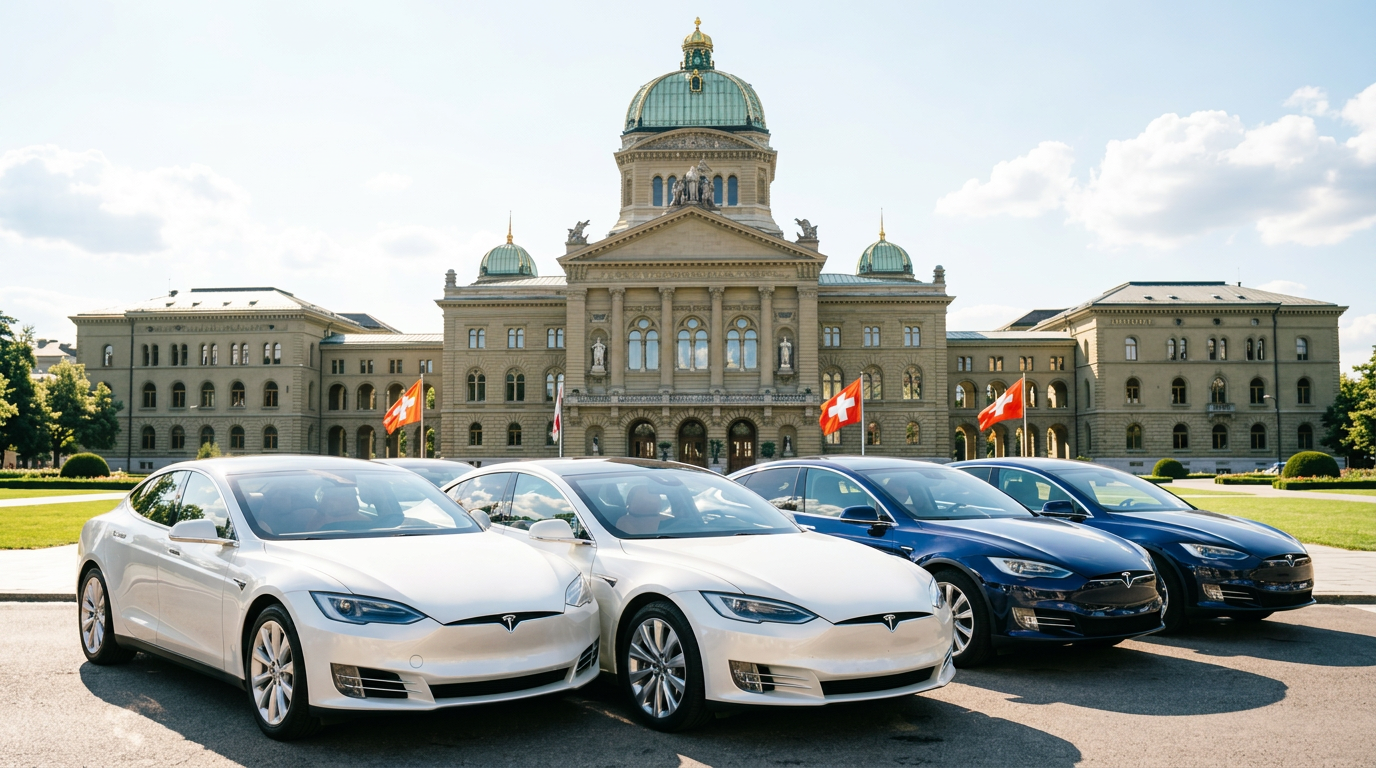 Vier Teslas der teslify Flotte vor dem Bundeshaus in Bern