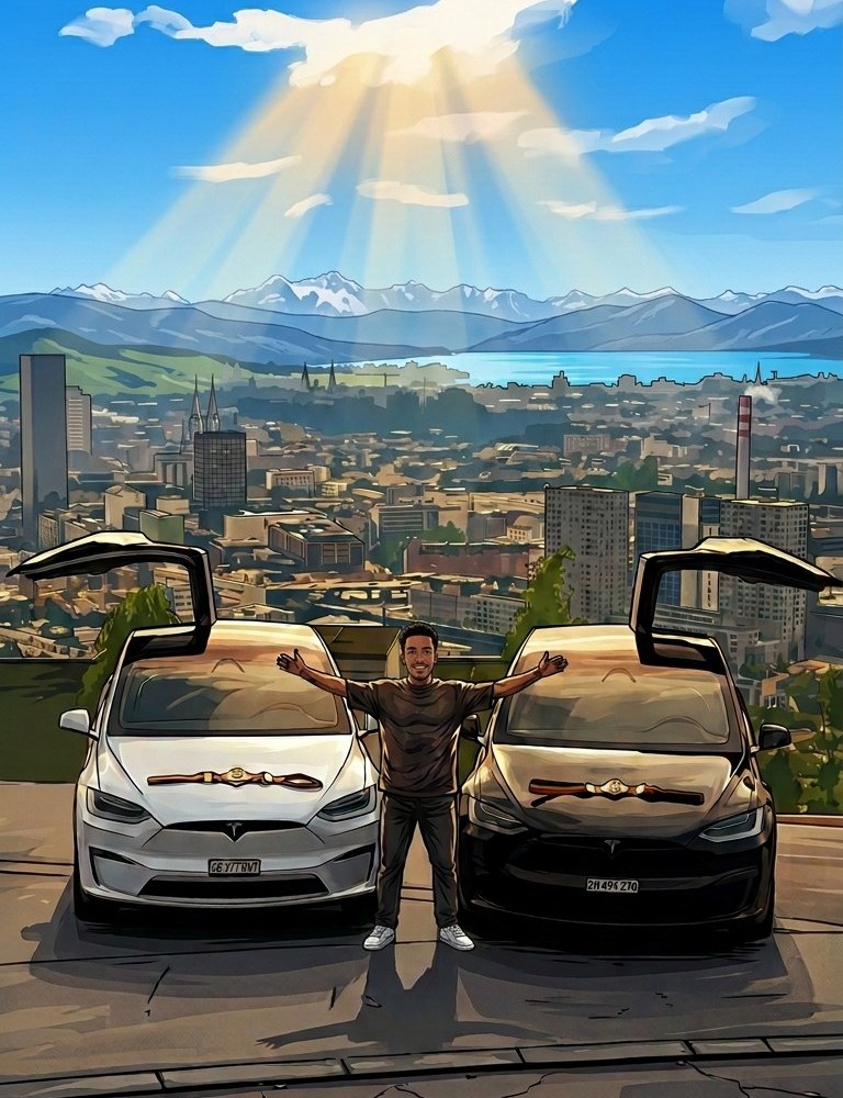 Illustration: Dani Rodriguez between two Tesla Model X with championship belts above Zurich