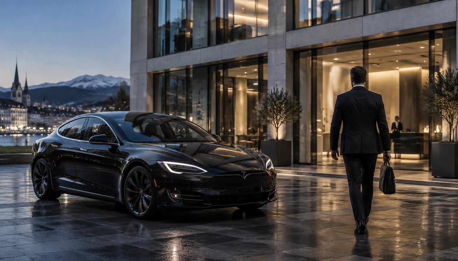 Tesla Model S vor einem Bürogebäude in Zürich