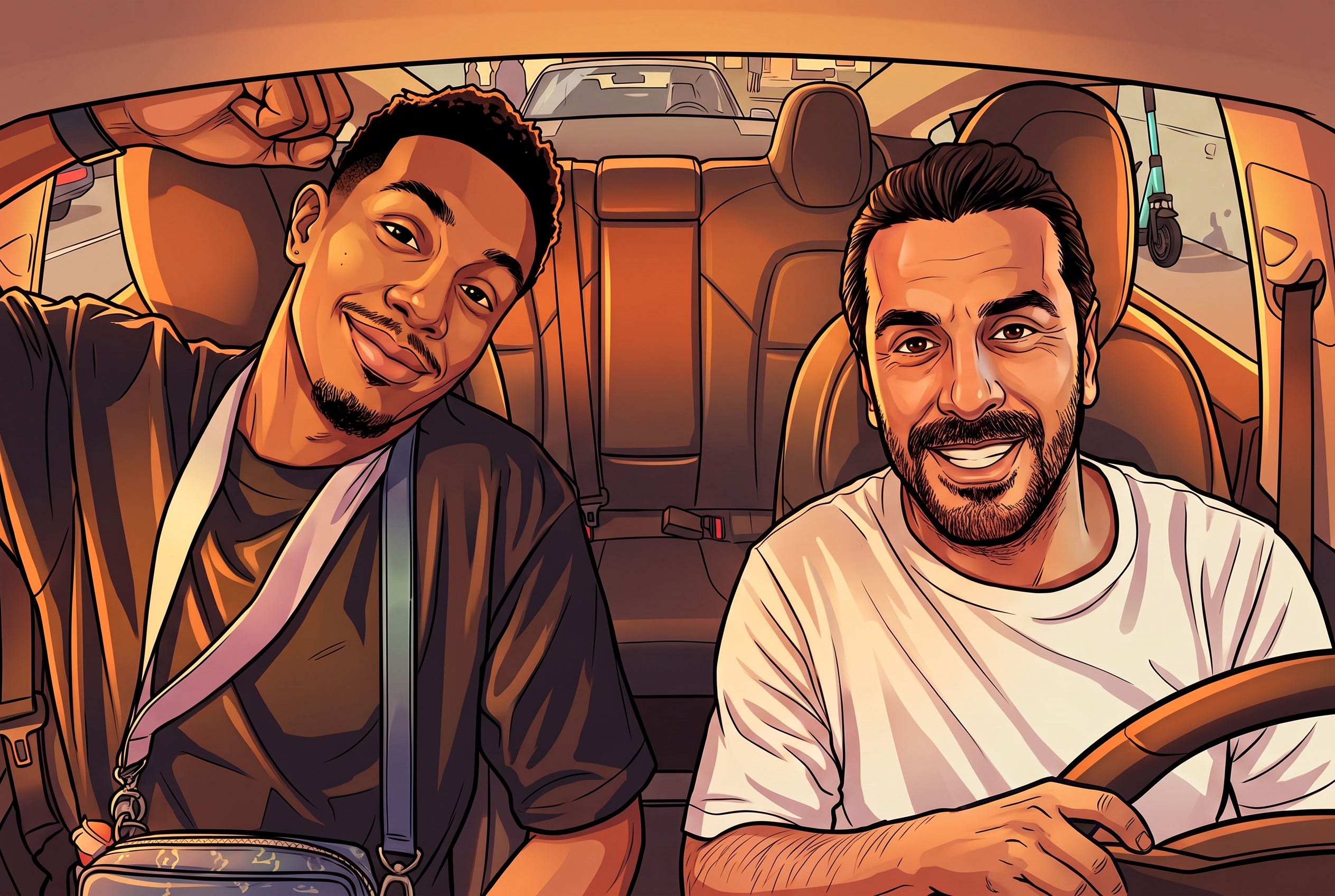 Dani Rodriguez et Sam Khodari dans la Tesla
