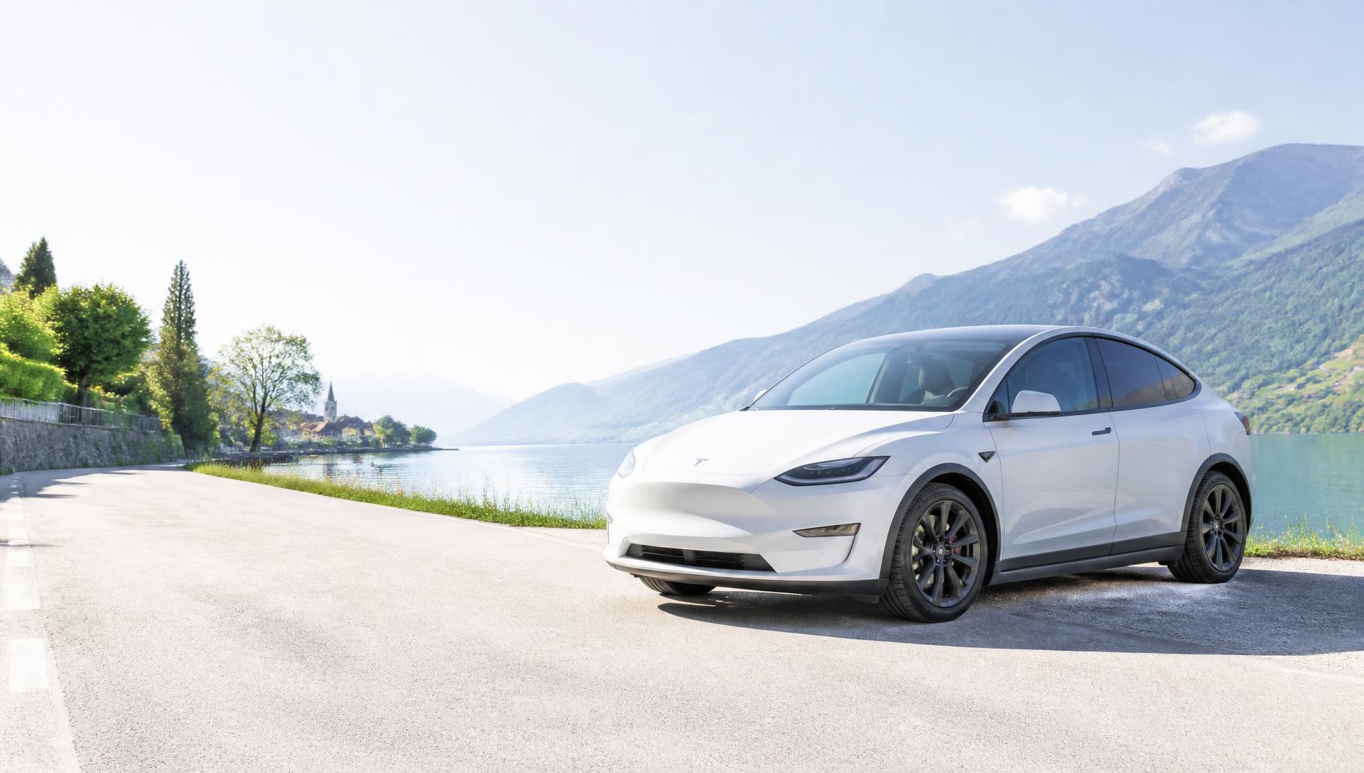 Weisser Tesla an einem sonnigen Schweizer See