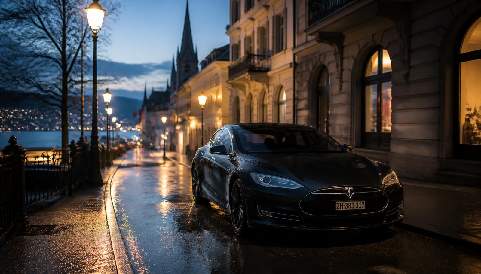 Dunkler Tesla Model S bei Dämmerung in einer Zürcher Strasse
