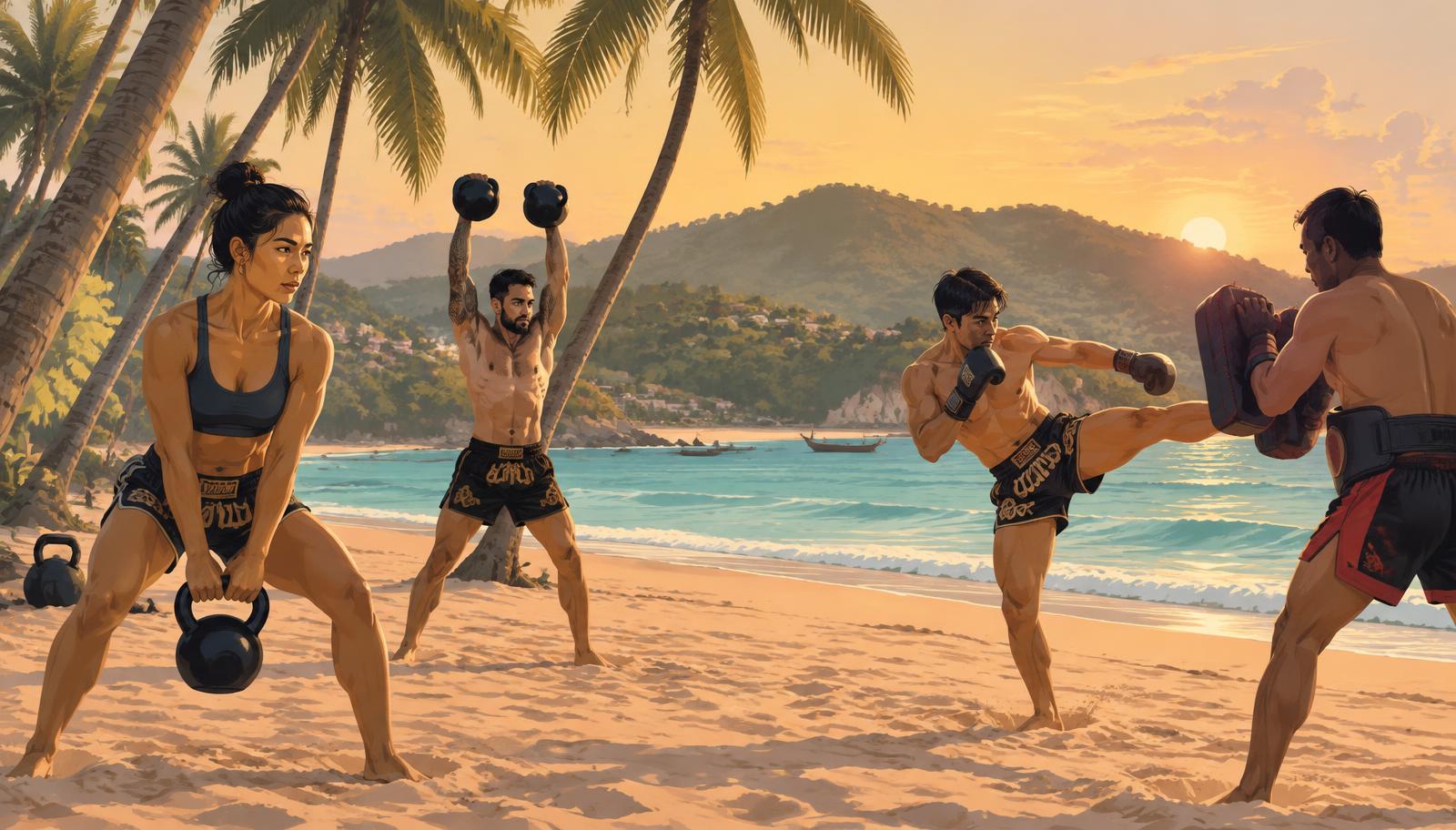 Illustration: Beach-Training mit Kettlebells in Bang Tao, Phuket