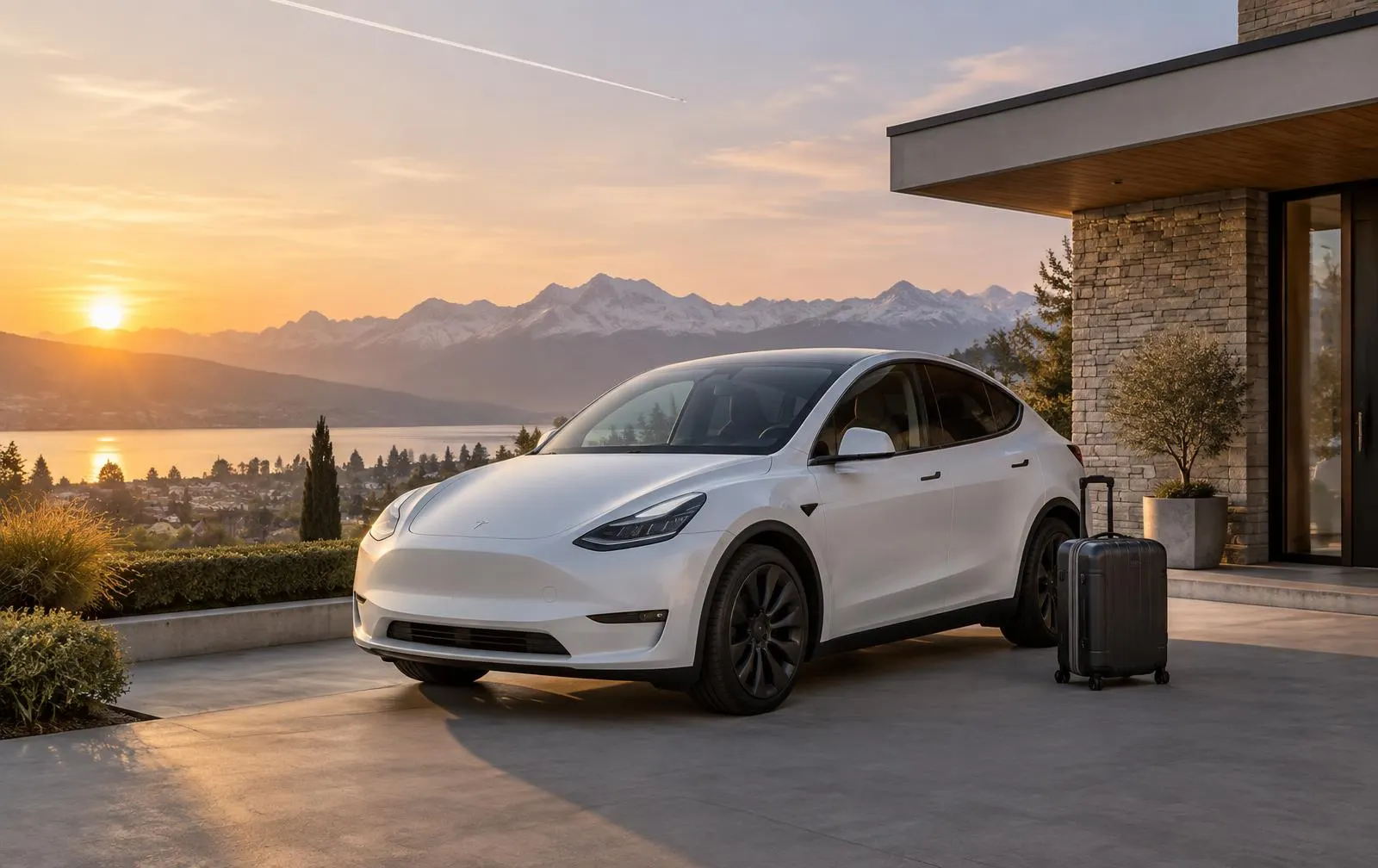 White Tesla Model Y with a suitcase in front of a house above Lake Zurich at sunrise