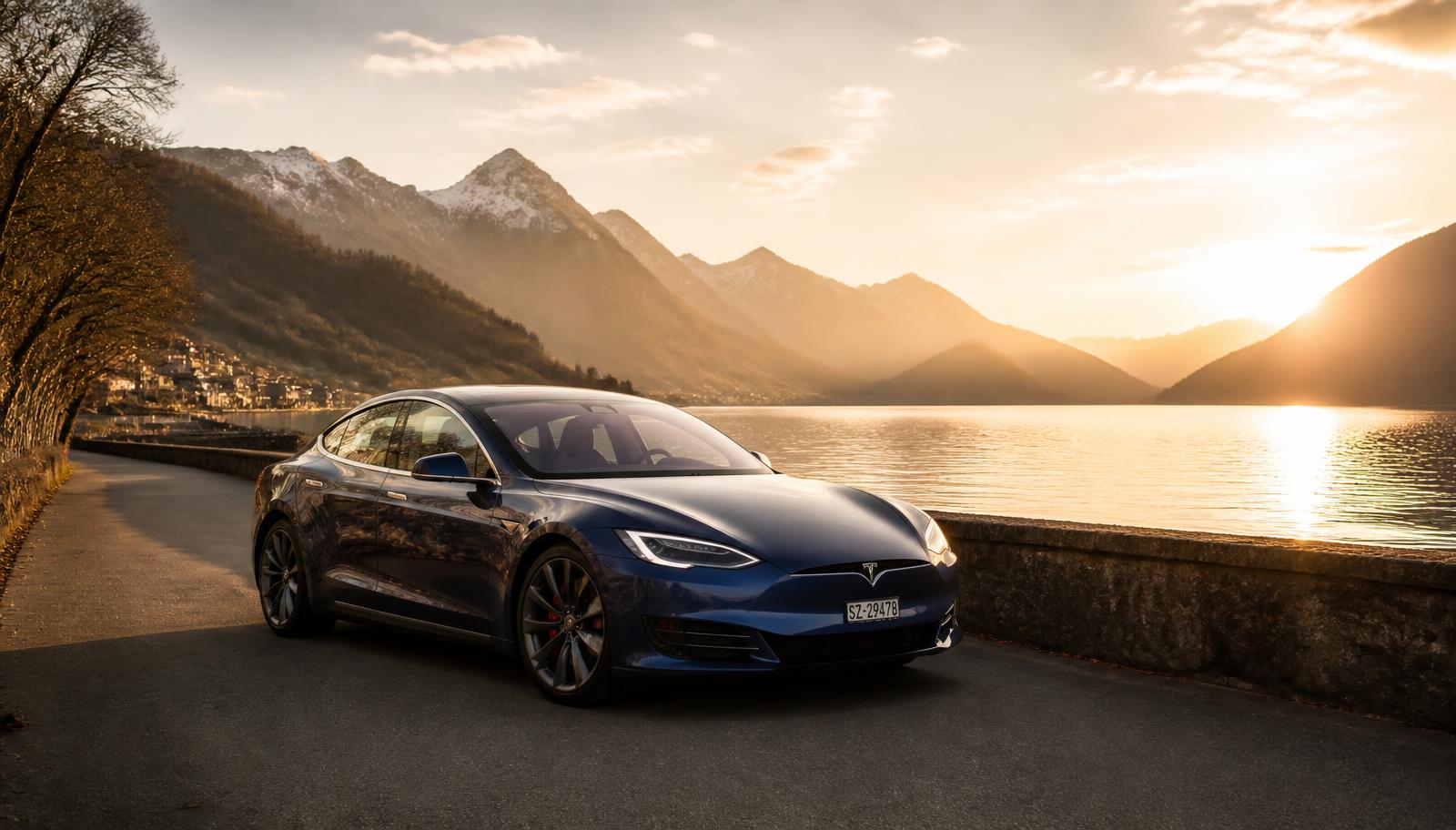 Blauer Tesla Model S Long Range an einem Schweizer See im Abendlicht